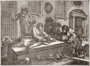 The Idle 'Prentice at Play in the Church Yard، أثناء الخدمة الإلهية - لوحة من سلسلة من 12 نقشًا لوليام هوغارث (1697-1764) ، الرسام البريطاني ، بعنوان "الصناعة والكسل" ، "The Zele and the Laziness" ، يروي وظائف اثنين أ بواسطة وليام هوغارث
