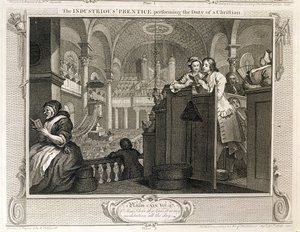 The Prustice `` Prentice يقوم بواجب مسيحي ، اللوحة الثانية من &39;Industry and Idleness&39; ، تم نشرها عام 1833 بواسطة وليام هوغارث
