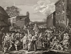 مسيرة إلى فينشلي ، نقشها تي إي نيكلسون ، من "أعمال هوغارث" ، نُشر عام 1833 بواسطة وليام هوغارث