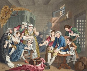 The Rake in Prison ، اللوحة السابعة ، من "A Rake&39;s Progress" ، صورة توضيحية من "Hogarth Restored: The Whole Works of the William Hogarth الشهير ، أعيد نقشه توماس كوك" ، الحانة. 1812 (ملونة باليد هـ بواسطة وليام هوغارث