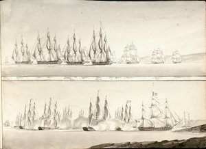 أنماط مختلفة لرسم خط سفن المعارك، أوائل القرن التاسع عشر (قلم، غسيل رمادي) بواسطة ويليام إينيس بوكوك