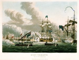 السفينة "الملكة شارلوت" الراسية قبالة الخلد أثناء قصف الجزائر العاصمة (الجزائر)، في 27 أغسطس 1816. نقش ملون، 15 مايو بواسطة ويليام إينيس بوكوك