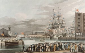 رصيف سانت كاترين: الافتتاح في 25 أكتوبر 1828 ، محفور بواسطة E.Duncan (ألوان مائية)