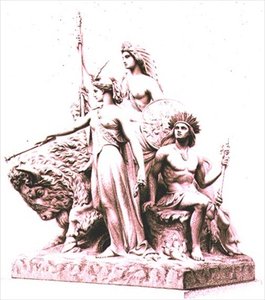 أمريكا ، نقشها الفنان من مجموعة الرخام لجون بيل (1811-95) في ذا ألبرت ميموريال ، هايد بارك ، حانة. بالفضيلة والشركة (النقش) بواسطة وليام جون روف