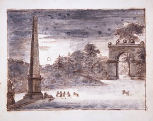 Chiswick, the Burlington Lane Gate and the Obelisk in the moonlight with Kent sitting by the Obelisk dreaming, and with rabbits at play, c.1732 (pen & ink and wash on paper) بواسطة وليام كينت