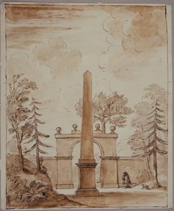 Chiswick, view of the Burlington Lane Gate, the Obelisk in the foreground, and Kent with dog (pen & ink and wash on paper) بواسطة وليام كينت