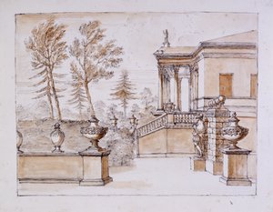 Chiswick, view of the Villa on the Inigo Jones statue side (pen & ink and wash over pencil on paper) بواسطة وليام كينت