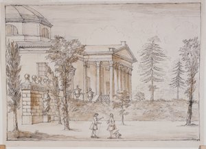 Chiswick, view of the villa from the Palladio statue side (pen & ink and wash over pencil on paper) بواسطة وليام كينت