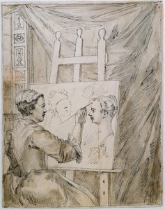 Lady Burlington at her easel in her Garden Room (pen & ink and pencil on paper) بواسطة وليام كينت