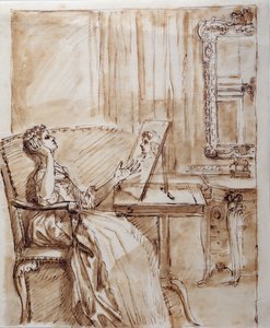 Lady Burlington sitting in her Garden Room admiring an Old Master (?) drawing (pen & ink on paper) بواسطة وليام كينت