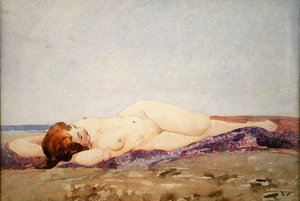 مستلق عاري (ألوان مائية على ورق)