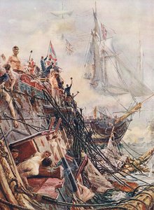 معطل ولكن غير مقيد: Belleisle في Trafalgar في 21 أكتوبر 1805 ، رسم توضيحي من "المعارك البريطانية في البر والبحر" ، نشره Cassell ، London ، c.1910