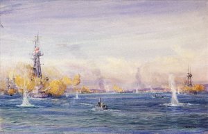 معركة الدردنيل (1915) (تركيا)، أثناء حملة غاليبولي، في بحر مرمرة. لوحة مائية، حوالي عام 1915 بريشة ويليام ليونيل ويلي (1851-1931). بواسطة وليام ليونيل ويلي