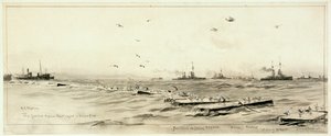 أسطول أعالي البحار الألماني المحصور في سكابا، حوالي عام 1918 (غسيل، رمادي، مع زيادة اللون الأبيض) بواسطة وليام ليونيل ويلي
