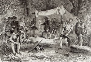 اليوم الأول في جيمستاون ، 14 مايو 1607 ، من "الرومانسية ومأساة الحياة الرائدة" لأغسطس ماسون ، 1883 (النقش) (صورة بوندو) بواسطة وليام لودلو شيبرد