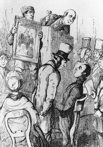 فيل للبيع ، رسم توضيحي للفصل السابع عشر من فانيتي فير ، رواية ويليام ميكبيس ثاكيراي (1811-1863) ، نقش بعد الرسم بقلم ويليام ميكبيس ثاكيراي (1811-1863) ، نُشر في شيكاغو عام 1882 بواسطة وليام ماكيبيس ثاكراي