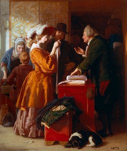 تفاصيل "" اختيار فستان الزفاف ". لوحة ويليام مولريدي (1786-1863). 1845. لندن. متحف فيكتوريا وألبرت. بواسطة وليام مولريدي