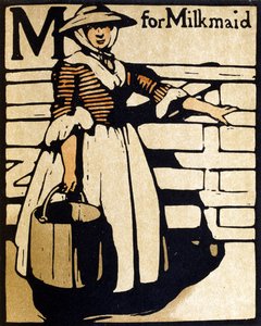 M لـ Milkmaid ، رسم توضيحي من "An Alphabet" ، نشره William Heinemann بواسطة وليام نيكلسون