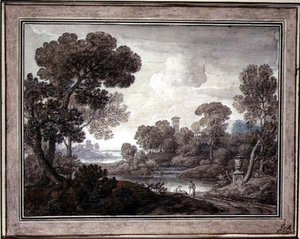 منظر طبيعي كلاسيكي ، حوالي عام 1770 (قلم حبر وألوان مائية على ورق) بواسطة وليام أورام