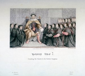 منح هنري الثامن الميثاق إلى الحلاقين الجراحين ، القرن السادس عشر ، 1817. بواسطة وليام بي شيرلوك