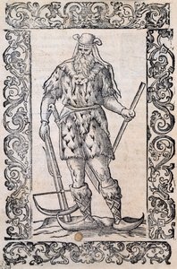 Man with fur dress, crossbow and shoes with twisted tip (example of rudimentary skis), illustration attributed to Cesare Vecellio (1521-1601), published in Italy in 16th century بواسطة الكسندر جبرائيل (بعد) ديكامبس