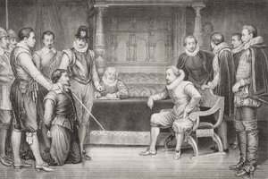 جاي فوكس (1570-1606) استجوبه جيمس الأول (1566-1625) ومجلسه في غرفة نوم الملك ، من "الرسوم التوضيحية الإنجليزية والتاريخ الاسكتلندي" المجلد الأول