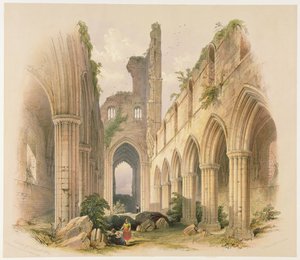 دير كيركستال ، الصحن والجوقة ، من "الآثار الرهبانية في يوركشاير" ، نقشها جورج هوكينز (1819-52) ، 1842 بواسطة وليام ريتشاردسون