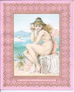 بطاقة رأس السنة الفيكتورية لجمال الاستحمام على شاطئ يحمل قذيفة في أذنها ، c.1881 بواسطة وليام ستيفن كولمان