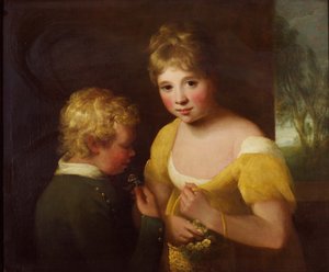 Two children with a basket of flowers (oil on canvas) بواسطة وليام تيت