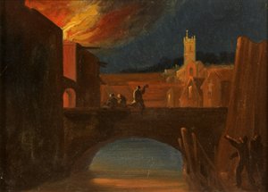 أعمال شغب بريستول: حرق Bridewell ، مع كنيسة St Michael ، Bridewell Bridge ، حوالي عام 1831 (زيت على ورق) بواسطة وليام دبليو ويتلي