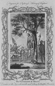 أعدم حاكم مو على الشجرة التي اعتاد فيها تعليق سجناءه الإنجليز ، 1773. بواسطة وليام ووكر