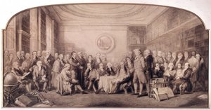 رجال العلم البارزون 1807-1808. لقاء في مكتبة المعهد الملكي للعلوم بإنجلترا. نقش وليام والكر والسير جون جيلبرت (1817 - 1897) - رجال العلوم البارزون الذين يعيشون في عام 1807 - رجال العلم البارزون بواسطة وليام ووكر