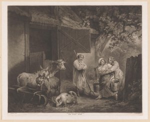 Milkmaid واثنين من عمال المزارع في الاسطبل باب الحظيرة (العنوان على الكائن) بواسطة جورج مورلاند