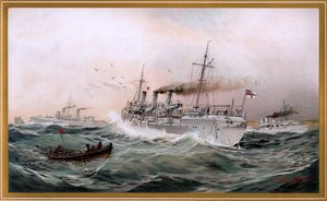 Kaiserliche Marine Griffin و Meteor و Jagd ينظرون إلى بلدة الثدي ، الطباعة الحجرية الملونة بواسطة Willy Stöwer 1894 ، nr9 من G. Wislicenus ، Unsre Kriegsmarine.