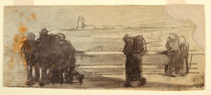 رسم، شخصيات تطل على خليج وزورق صغير، كولركوتس، إنجلترا، 1881-1882 بواسطة وينسلو هومر