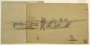 رسم، رجال ونساء يقومون بتفريغ زورق صيد، كولركوتس، إنجلترا، 1881-1882 بواسطة وينسلو هومر