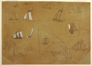 رسم، رسومات تخطيطية لقوارب شراعية، كولركوتس، إنجلترا، 1881-82 بواسطة وينسلو هومر