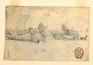 رسم، قاربان على الشاطئ مع شخصيات، كولركوتس، إنجلترا، 1881-82 بواسطة وينسلو هومر
