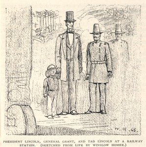 الرئيس لينكولن والجنرال جرانت وتاد لينكولن في محطة سكة حديد، من مجلة القرن، نوفمبر 1887 بواسطة وينسلو هومر