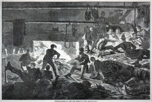 مقر الشتاء في المخيم -- داخل كوخ، من هاربر ويكلي من صحيفة هاربر الأسبوعية، 24 يناير 1863 بواسطة وينسلو هومر