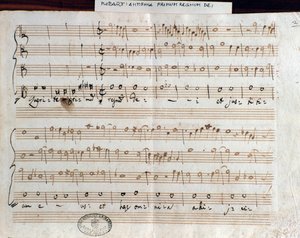 ابحث عن الصفحة الأولى من ورقة الموسيقى من قبل Mozart Kingdom للحصول على عنوان Accademico filarmonica (1770) بواسطة فولفغانغ أماديوس موزارت