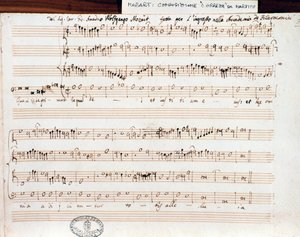 صفحة الموسيقى النوتة الموسيقية Querite primum regnum Dei بواسطة Mozart للحصول على لقب Accademico filarmonico (1770) بواسطة فولفغانغ أماديوس موزارت