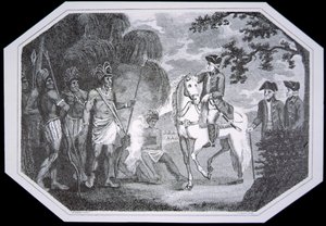 الجنرال بورغوين والهنود في عام 1777 ، نقش بواسطة جيه تايلور ، من "تاريخ إنجلترا" بقلم ديفيد هيوم وتوبياس سموليت ، نُشر في لندن بواسطة وودروف (بعد)