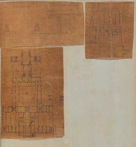 صفحة من دفتر قصاصات تحتوي على رسومات والعديد من المطبوعات المعمارية ، Int ... ، كاليفورنيا. 1800-1850. التأليف: ورشة عمل تشارلز بيرسييه ، ورشة عمل بيير فرانسوا ليونارد فونتين.