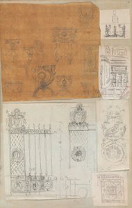 صفحة من دفتر قصاصات تحتوي على رسومات والعديد من المطبوعات المعمارية ، Int ... ، كاليفورنيا. 1800-1850. التأليف: ورشة عمل تشارلز بيرسييه ، ورشة عمل بيير فرانسوا ليونارد فونتين.