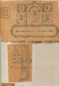 صفحة من دفتر قصاصات تحتوي على رسومات والعديد من المطبوعات المعمارية ، Int ... ، كاليفورنيا. 1800-1850. التأليف: ورشة عمل تشارلز بيرسييه ، ورشة عمل بيير فرانسوا ليونارد فونتين.
