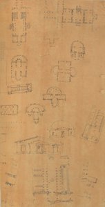 صفحة من دفتر قصاصات تحتوي على رسومات والعديد من المطبوعات المعمارية ، Int ... ، كاليفورنيا. 1800-1850. التأليف: ورشة عمل تشارلز بيرسييه ، ورشة عمل بيير فرانسوا ليونارد فونتين.