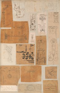 صفحة من دفتر قصاصات تحتوي على رسومات والعديد من المطبوعات المعمارية ، Int ... ، كاليفورنيا. 1800-1850. التأليف: ورشة عمل تشارلز بيرسييه ، ورشة عمل بيير فرانسوا ليونارد فونتين.