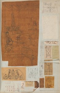 صفحة من دفتر قصاصات تحتوي على رسومات والعديد من المطبوعات المعمارية ، Int ... ، كاليفورنيا. 1800-1850. التأليف: ورشة عمل تشارلز بيرسييه ، ورشة عمل بيير فرانسوا ليونارد فونتين.