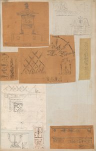 صفحة من دفتر قصاصات تحتوي على رسومات والعديد من المطبوعات المعمارية ، Int ... ، كاليفورنيا. 1800-1850. التأليف: ورشة عمل تشارلز بيرسييه ، ورشة عمل بيير فرانسوا ليونارد فونتين.